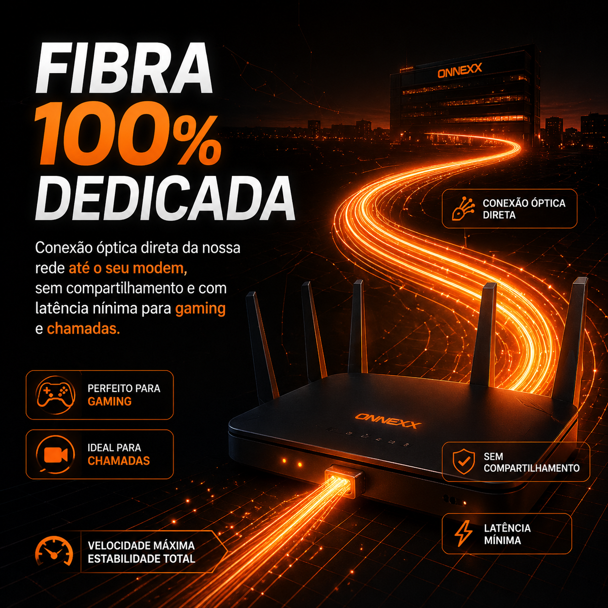 Sala técnica com cabos de fibra óptica iluminados