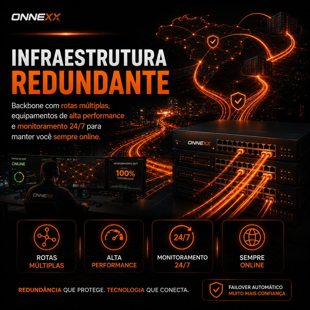 Data center com cabos laranjas organizados